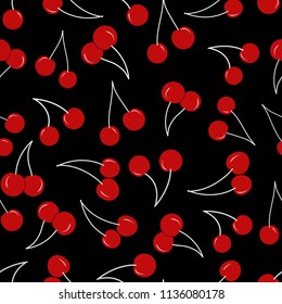 Seamless pattern of red cherries. A repeating background with a delicious red cherry. Ripe red berries on a black background. Vector file EPS10. For your design, printing, packaging, textiles, etc.
