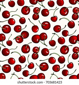 Seamless pattern with red cherries. Ripe fresh shining berries at white background. Repeatable food theme backdrop. Vector illustration.