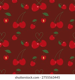 Seamless pattern with red cherries and small decorative elements on a deep burgundy background. Stylish fruit illustration with a minimal and playful look, perfect for textiles, wrapping paper, packaging, wallpaper and summer themed designs.