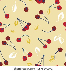 Nahtloses Muster mit roten Kirschen und gelben Blättern zum Druck auf Stoff oder Textilien. Flache Vektorillustration-Stockillustration mit Doodle-Kirschen und Obstverzierungen auf gelbem Hintergrund für Design und Web-Design