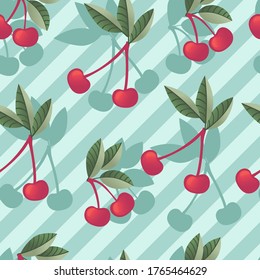 Seamless pattern of red cherry berry on tree branches with green leaves flat vector illustration on blue striped background