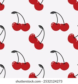 Patrón sin fisuras con cereza roja. Fruta de dibujos animados en estilo retro. Imprimir para el Fondo de pantalla, papel, envoltura, textiles.
