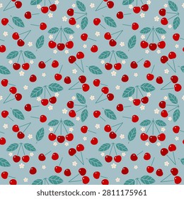 Seamless pattern with red cherry, flowers, and leaves. Decorative flat style with botanical elements.
