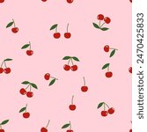 Seamless pattern with red cherry fruit with green leaves on pink background vector.