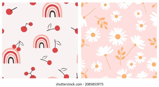 Seamless pattern with red cherry fruit and rainbows on pink background. Seamless pattern with daisy flower and leaves on pink background vector illustration.