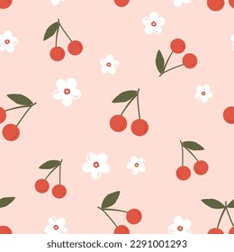 Seamless pattern of red cherry fruit with green leaves and white flower on peach color background vector illustration.