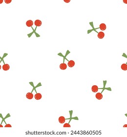 Seamless pattern of red cherry fruit with green leaves on white background vector illustration. Cute fruit print. 