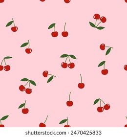 Seamless pattern with red cherry fruit with green leaves on pink background vector.