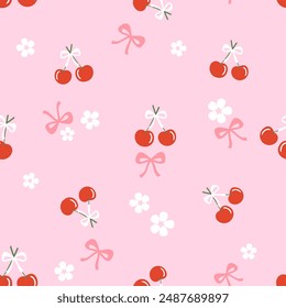 Seamless pattern with red cherry fruit, ribbon bow and cute flower on pink background vector.