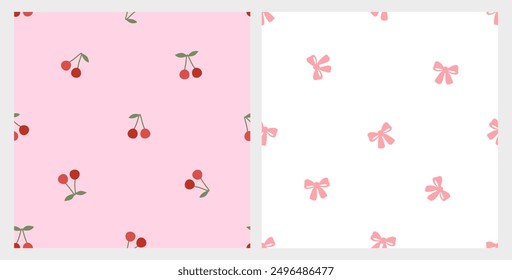 Seamless pattern of red cherry fruit with green leaves on pink background. Seamless pattern of pink ribbon bow on white background vector.