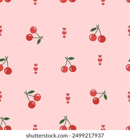 Modelo inconsútil de la fruta roja de la cereza con las hojas verdes y los corazones rojos en Vector rosado del fondo. Lindo estampado de frutas.