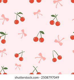 Modelo inconsútil de la fruta roja de la cereza con las hojas verdes y el arco de la cinta en Vector rosado del fondo. 