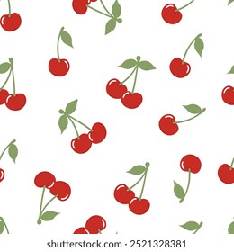 Modelo inconsútil con la fruta roja de la cereza con las hojas verdes en el fondo blanco. Ilustración vectorial editable para envolver papel, embalaje, tela, Fondo de pantalla, caja del teléfono, etc. 