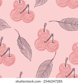 Seamless pattern with red cherry fruit on pink background vector. Cute cartoon fruit, little cherries repeat pattern