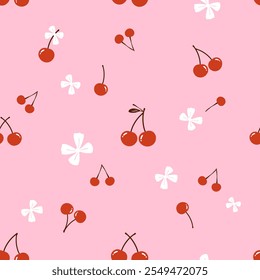 Seamless pattern of red cherry fruit with ribbon bow on pink background vector. Cute fruit print.