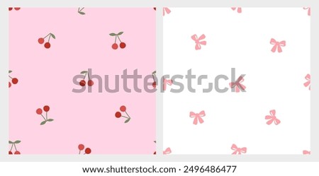 Seamless pattern of red cherry fruit with green leaves on pink background. Seamless pattern of pink ribbon bow on white background vector.