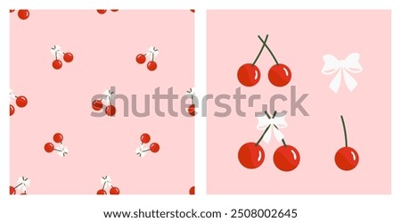 Seamless pattern of red cherry fruit with ribbon bow on pink background. Set of cherry and ribbon bow icon sign. Cute childish print.