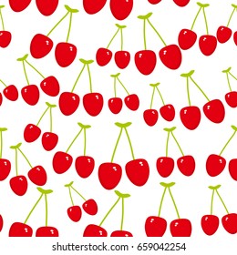 Seamless pattern Red cherry funny face with eyes and pink cheeks Fresh juicy berries isolated on white background. Vector