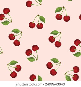 Seamless Pattern with Red Cherry and Green Leaves on Pink Background. Vector.