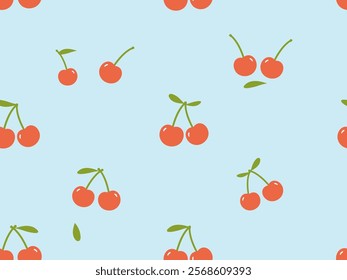 Seamless pattern of red cherry with green leaves on blue background vector.
