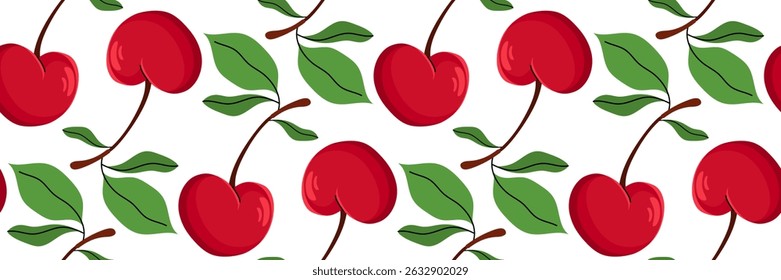 Seamless pattern with red cherry and green foliage. Spring garden background. Perfect for textile, menu, packaging, kitchen design, recipe. Cartoon vector illustration.