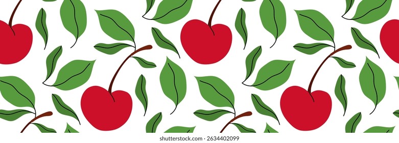 Seamless pattern with red cherry and green foliage. Spring garden background. Perfect for textile, menu, packaging, kitchen design, recipe. Flat vector illustration