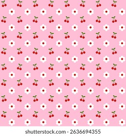 Seamless pattern with red cherry, green leaves and white flower on pink background.Surface for textile or texture.Decoration ornament.Wrapping paper.Summer or spring.Geometric.Vector illustration.