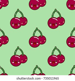 Seamless pattern Red cherry kawaii funny face with eyes and pink cheeks Fresh juicy berries isolated on green background. Vector illustration eps10