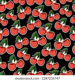 Seamless pattern with Red Cherry on a black background. Sweet cherries. Sammer fruit. Cute cartoon cherries on a black background.