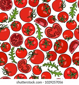 Seamless Pattern with Red Cherry Tomatoes,Tomato Slices, Half of Tomato and Green Leaves. Ketchup or Salad.  Fresh Vegetables Background. Hand Drawn Vector Illustration. Savoyar Doodle Style.
