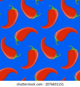 Patrón sin soldadura, pimientos de chile rojo jalapeno sobre fondo azul, ilustración vectorial para textiles, papel de pared y papel de envoltura