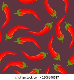 Seamless pattern with red chili on red background. Hand drawn vector illustration.