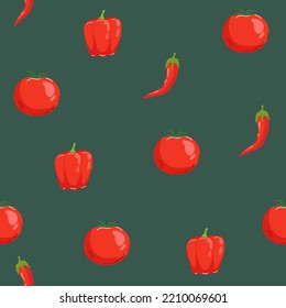 Seamless pattern with red chili on pastel grey background. Hand drawn vector illustration