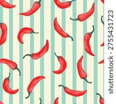 Seamless pattern with red chili pepper and blue lines on white background. Vector illustration.