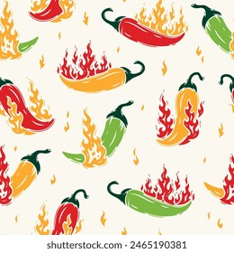 Seamless Pattern of Red Chili Pepper with Fire Flames. Hot Chilli Taste. Spicy Food. Hand drawn. Not AI. Vector illustration.