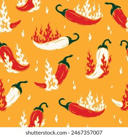 Patrón inconsútil de pimiento rojo con llamas de fuego. Sabor a chile caliente. Comida Picante. Dibujado a mano. No la IA. Ilustración vectorial.