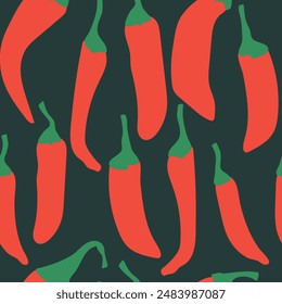 Seamless pattern with red chili pepper on black background. Vector illustration.