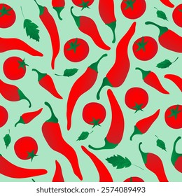 Seamless pattern with red chili pepper and tomato on green background. Design for fabric, kitchen decor, wallpaper packaging paper.