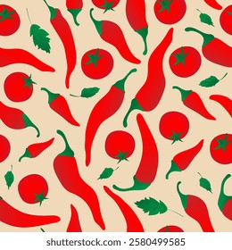 Seamless pattern with red chili pepper and tomato on beige background. Design for fabric, kitchen decor, wallpaper packaging paper.