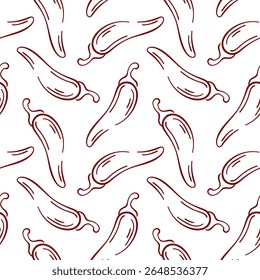 Padrão contínuo de pimenta vermelha pimenta em estilo de arte de linha no fundo branco. Perfeito para comida, tempero cozinha quente, cozinha, vegetal e design de tema culinário.