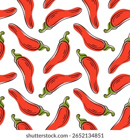 Seamless pattern of red chili pepper in flat style on white background. Ideal for culinary, herb, spice, food and organic kitchen design and decoration.