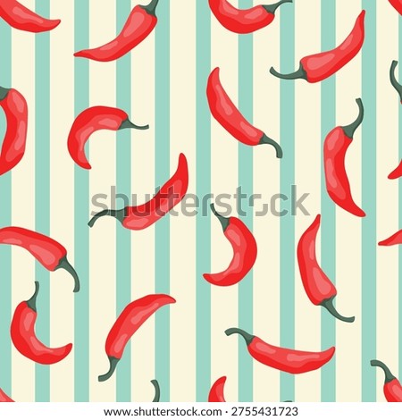 Seamless pattern with red chili pepper and blue lines on white background. Vector illustration.