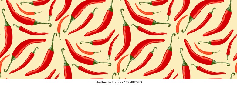 Seamless pattern with red chili peppers on a light background. Vegetable repeated background. Vector bright print for packaging, menu, Wallpaper, wrapping paper and other surfaces. Perfect design.