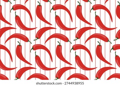 Seamless pattern with red chili peppers on a striped background. Spicy food vector illustration for kitchen textile, Mexican cafe decor, and hot sauce packaging