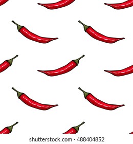 Seamless pattern, red chili peppers isolated on white background