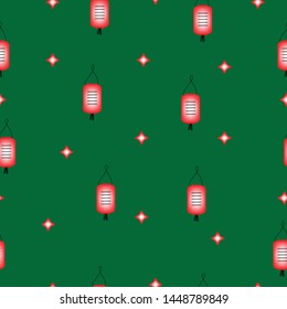 Seamless pattern of red Chinese lantern on green background for paper work, fabric business, wallpaper or background. Vector design.

