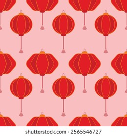 Seamless pattern of red chinese traditional lanterns,  Ideal for festive design, home decor, gift wrap, textile and card.