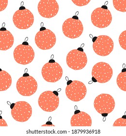 Seamless pattern with red Christmas balls. Holiday print. Vector hand drawn illustration.