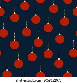 Patrón sin foco de bolas de Navidad rojas sobre fondo azul oscuro. Antecedentes para el diseño festivo de invierno. Ilustración del vector