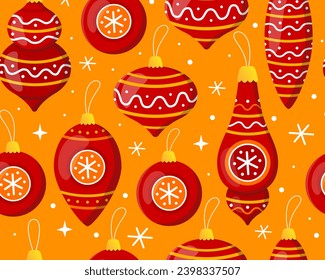 Nahtloses Muster mit roten Weihnachtsbällen auf gelbem Hintergrund. Spielzeug des neuen Jahres, Dekoration für Weihnachtsbaum, Schneeflocken. Muster für Neujahrsverpackung, Karten, Dekor, Stoff.